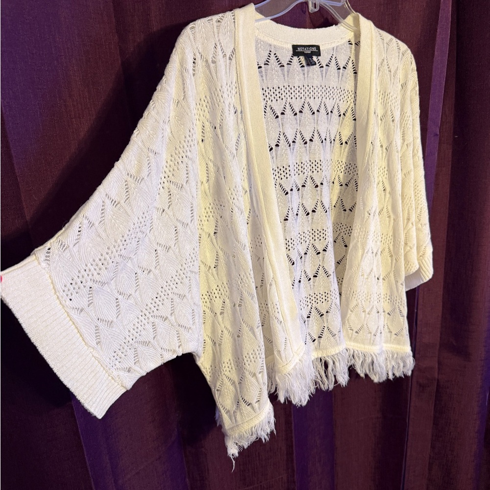 Notations Open-Knit Off-White Fringe Cardigan